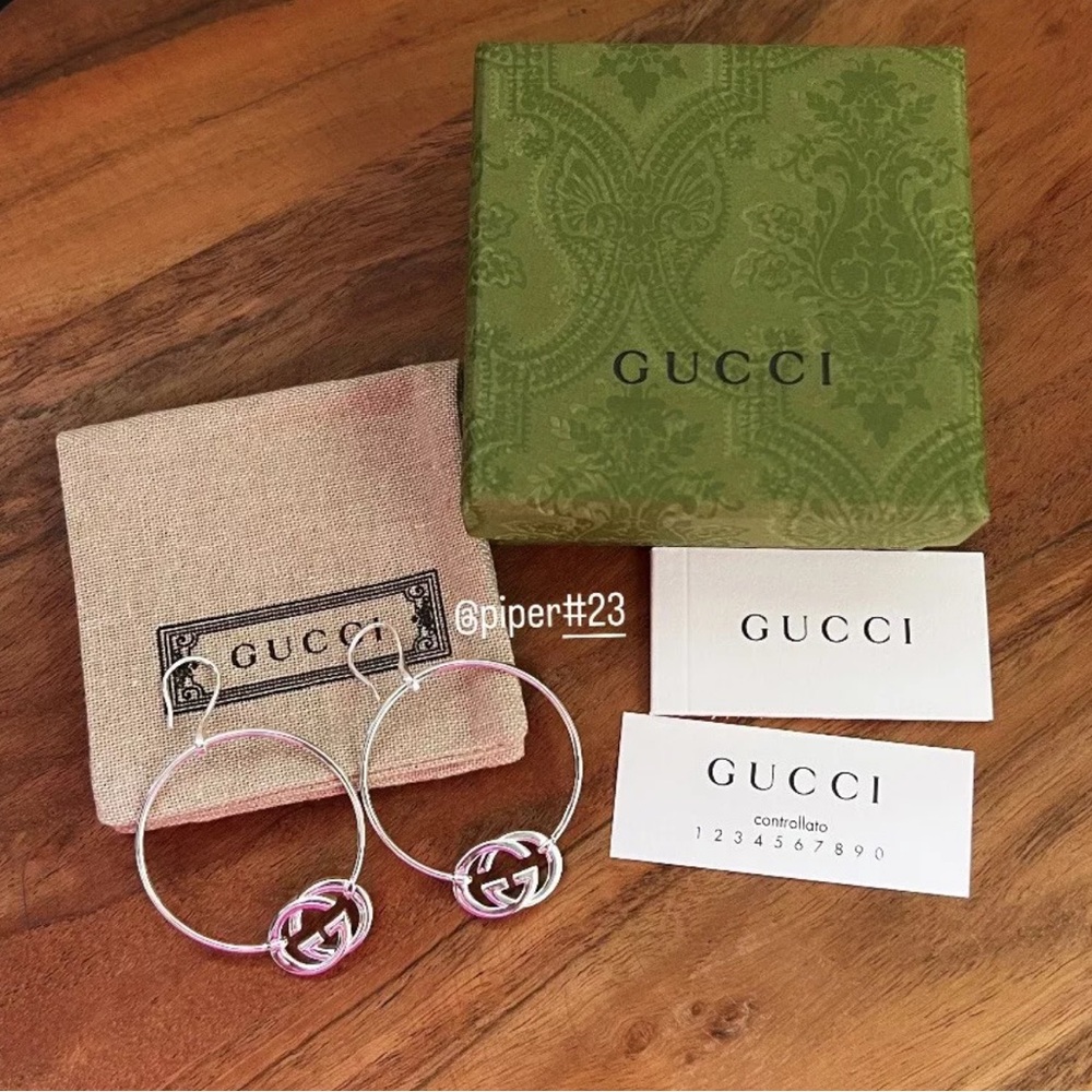 NWT 100% Authentic GUCCI Trademark GG Sterling Silver Hoop Earrings - Picture 2 of 10